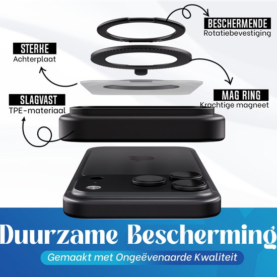 Reovo Hoesje geschikt voor iPhone 17 Pro / 18 Pro MagSafe - 360° Draaibare Stand - Valbescherming 2m - Zwart - Anti-Slip Grip - Camera Bescherming