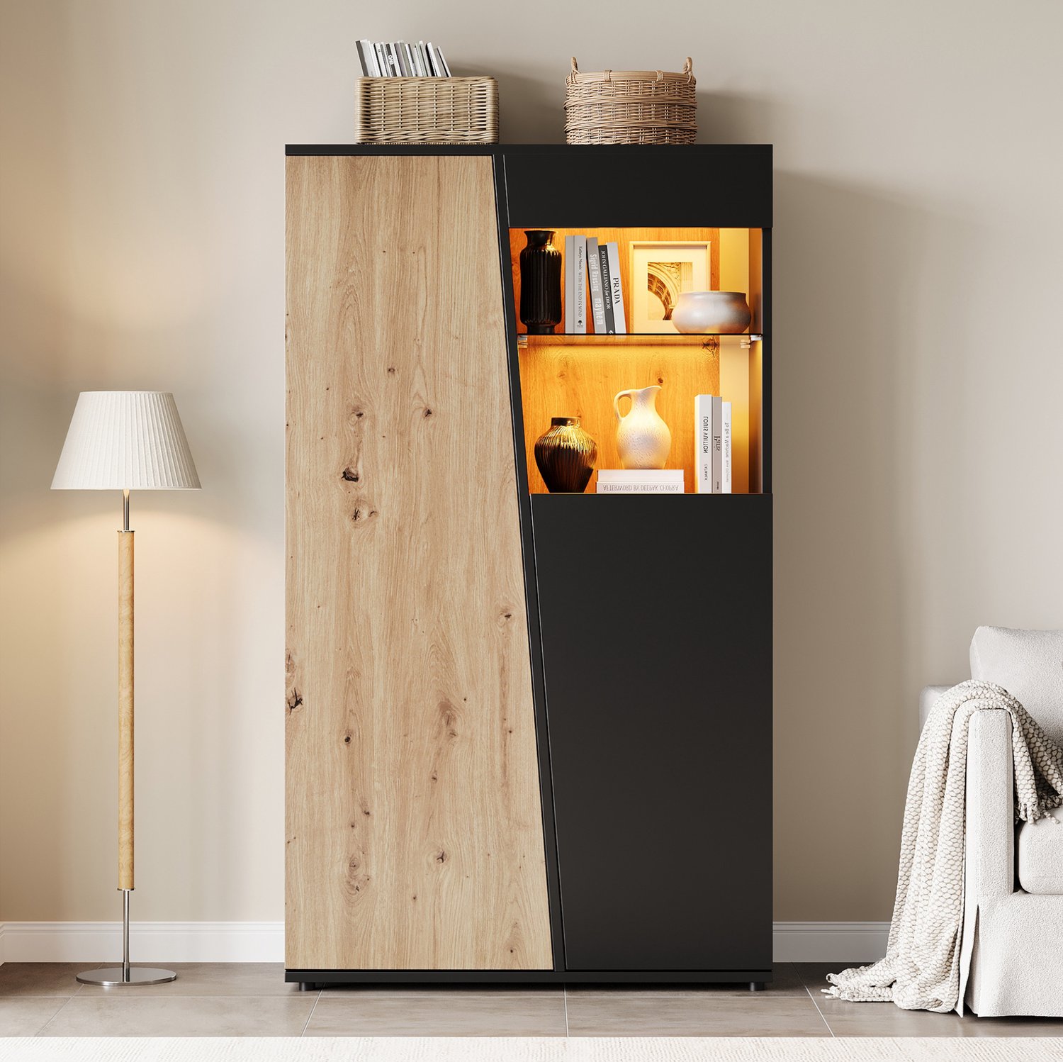 DESMIU Vitrinekast - Bluetooth Ledverlichting En Verstelbaar Glas - Voor Woonkamer En Kantoor - MDF - 80x35x139,5 Cm - Zwart Houtkleur Zwart en naturel houtkleur