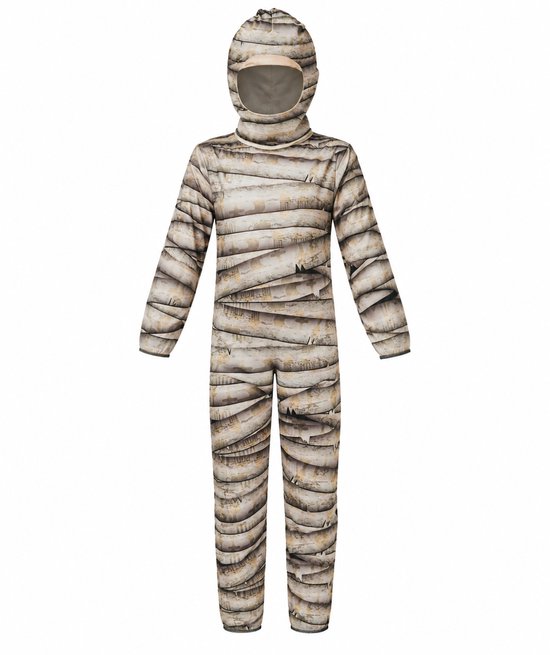 Jumpsuit verkleedpak voor kinderen als mummie met beige, versleten verbandprint en bijpassende hoofdkap.