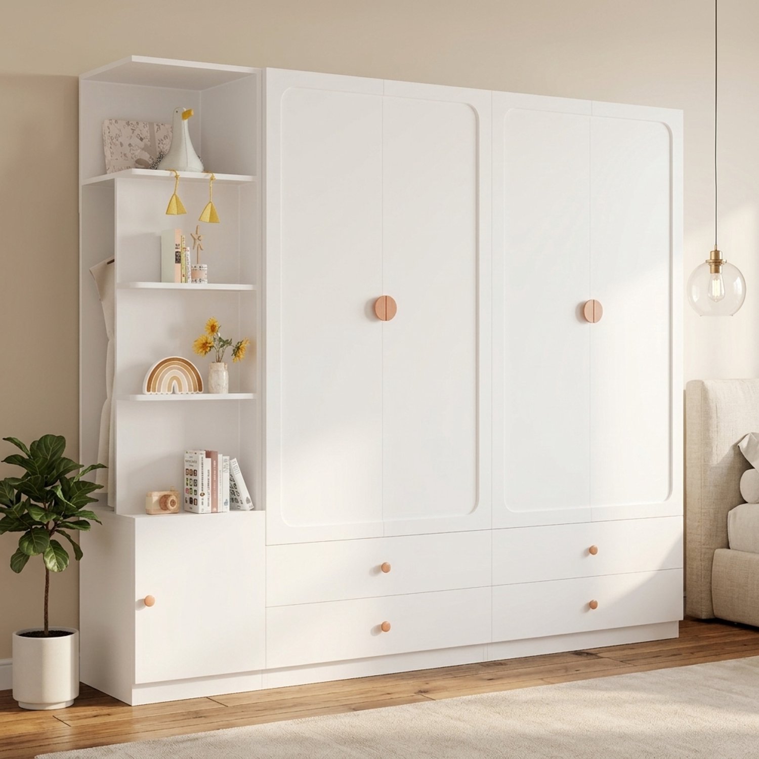 MODENUIT Kledingkast - 3 Kledingroedes, 4 Lades - Voor Slaapkamer En Hal - MDF - 225x45x200 Cm - Wit