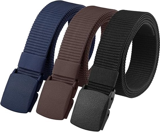 Trois ceintures pour hommes en bleu, marron et noir avec une boucle en plastique.