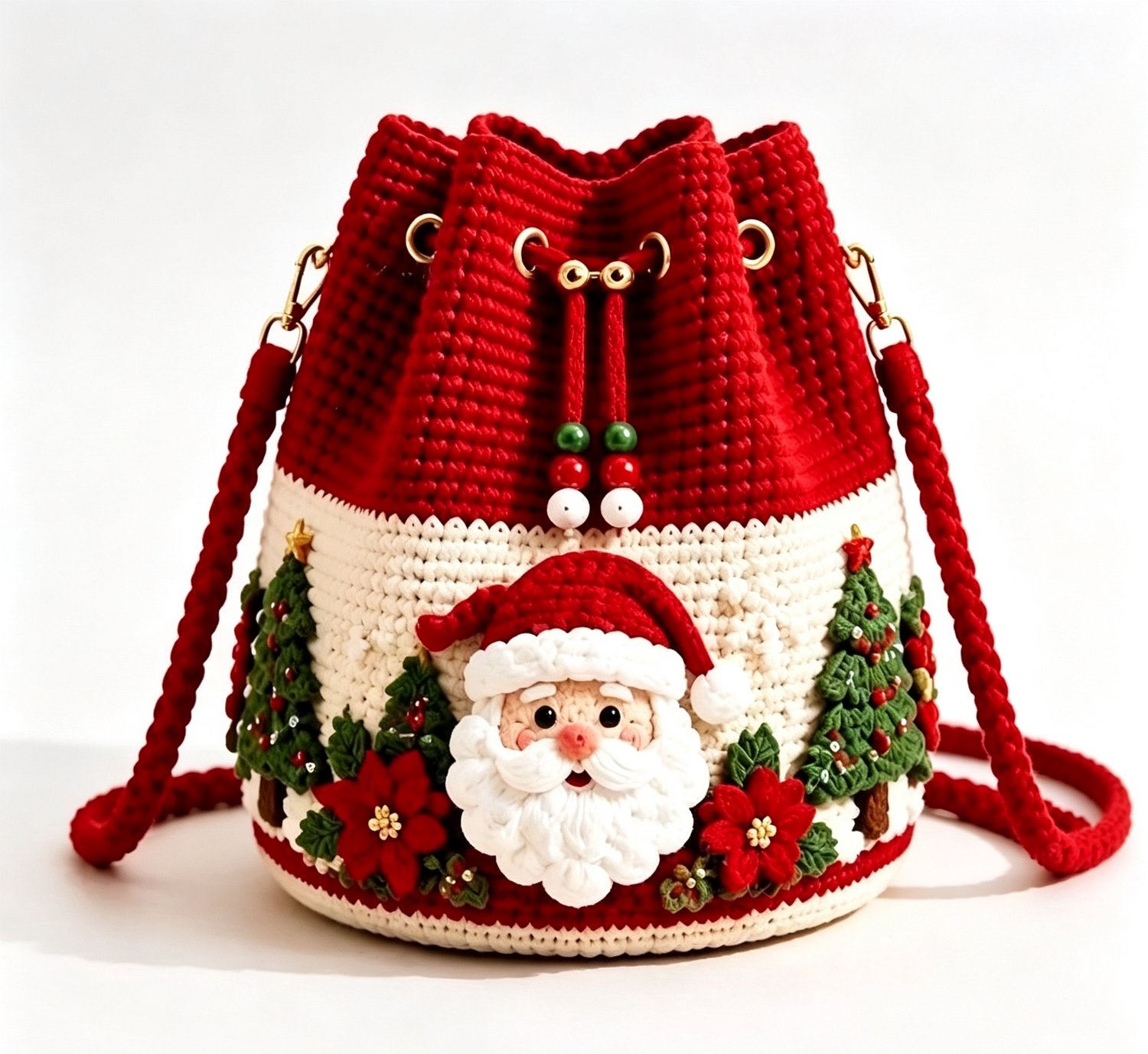 Gehaakte kerst bucket tas met trekkoord - crossbody schoudertas met 3D kerstman en kerstboom decoratie - afneembare schouderriem