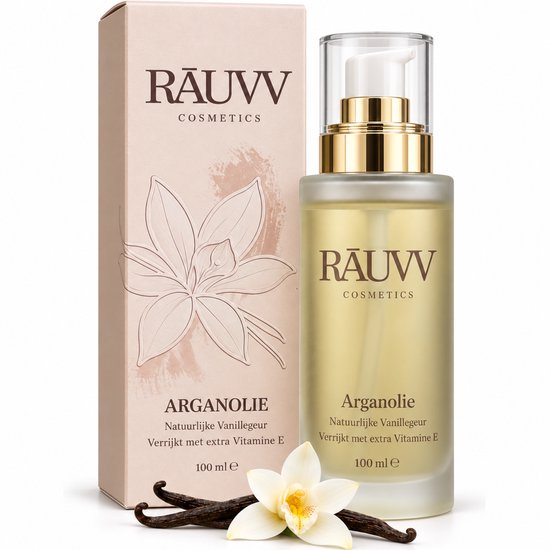 RĀUVV cosmetica arganolie 100ml met vanillegeur en vitamine E, in glazen fles met pompje, naast kartonnen doos.