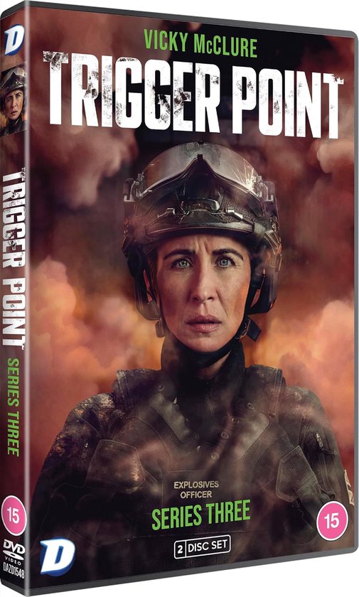 Dvd-hoes Trigger Point seizoen 3 met Vicky McClure als explosievenexpert in tactische uitrusting voor een rookwolk.