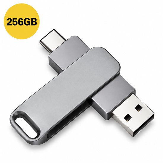 Grijze USB-stick met 256GB opslag, voorzien van zowel een USB-C als een USB-A 3.0 connector.