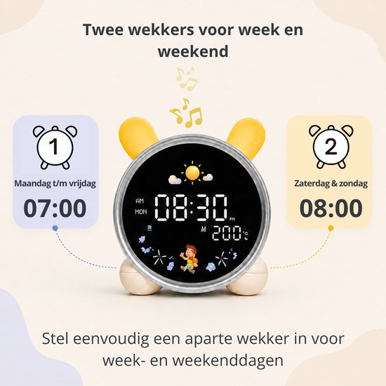 Latium Slaaptrainer Kinderen – Kinderwekker met Nachtlampje en Dimfunctie – White Noise – Dag- en Nachtindicator – Weekendfunctie – 7 Slaapgeluiden — afbeelding 4