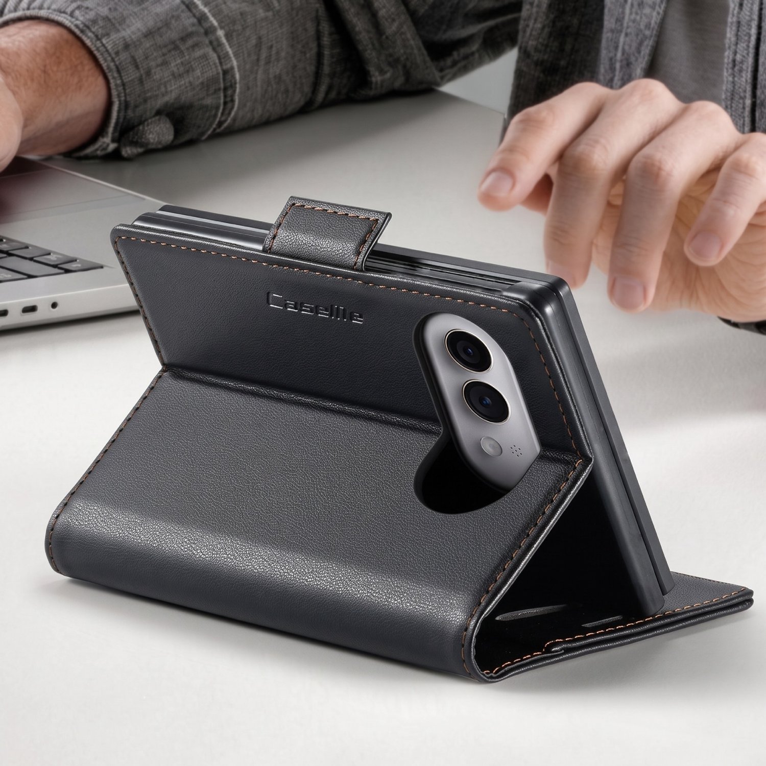 Caseme, Portemonnee Hoesje Geschikt voor Apple iPhone Duo Leerlook met Standaard en Anti-RFID, Zwart