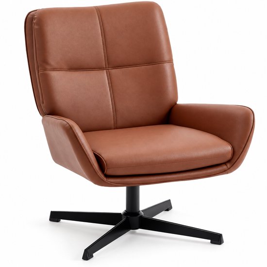 Bruine fauteuil van PU leer met zitting met kruissteken en een zwarte draaivoet.
