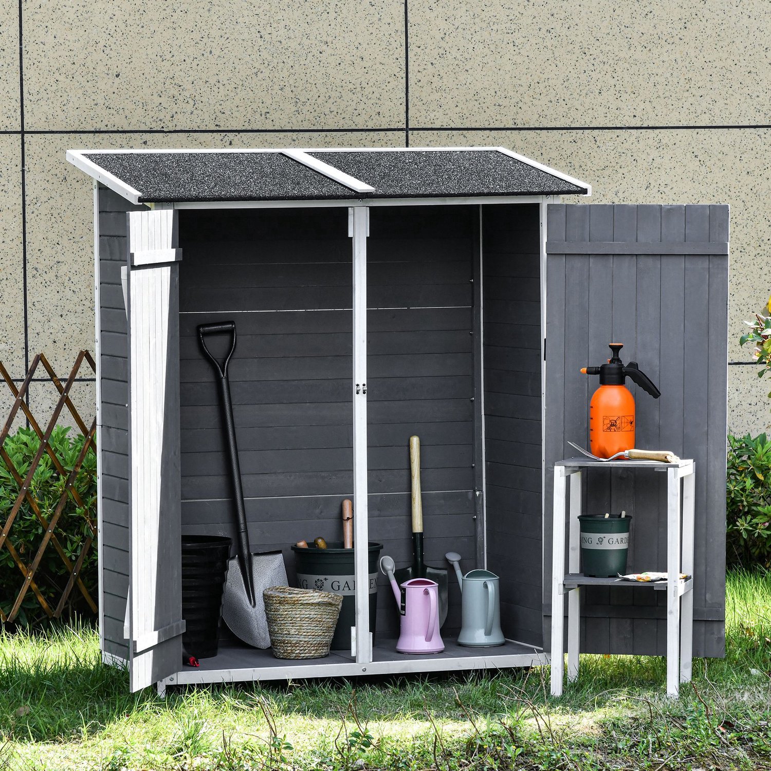 WUVRIE - Gereedschapsschuur 139x75x160 cm - 2 afsluitbare deuren en schuin asfaltdak - Grijs/wit