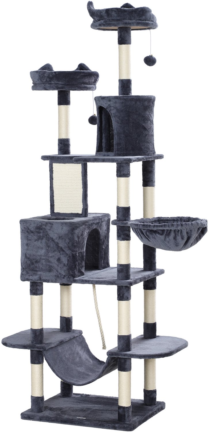 Pawona Krabpaal 206 cm - Met 2 kattenhuisjes, 2 hangmatten, krabplank en speelballen - 60 x 50 x 206 cm - Donkergrijs/Crèmewit