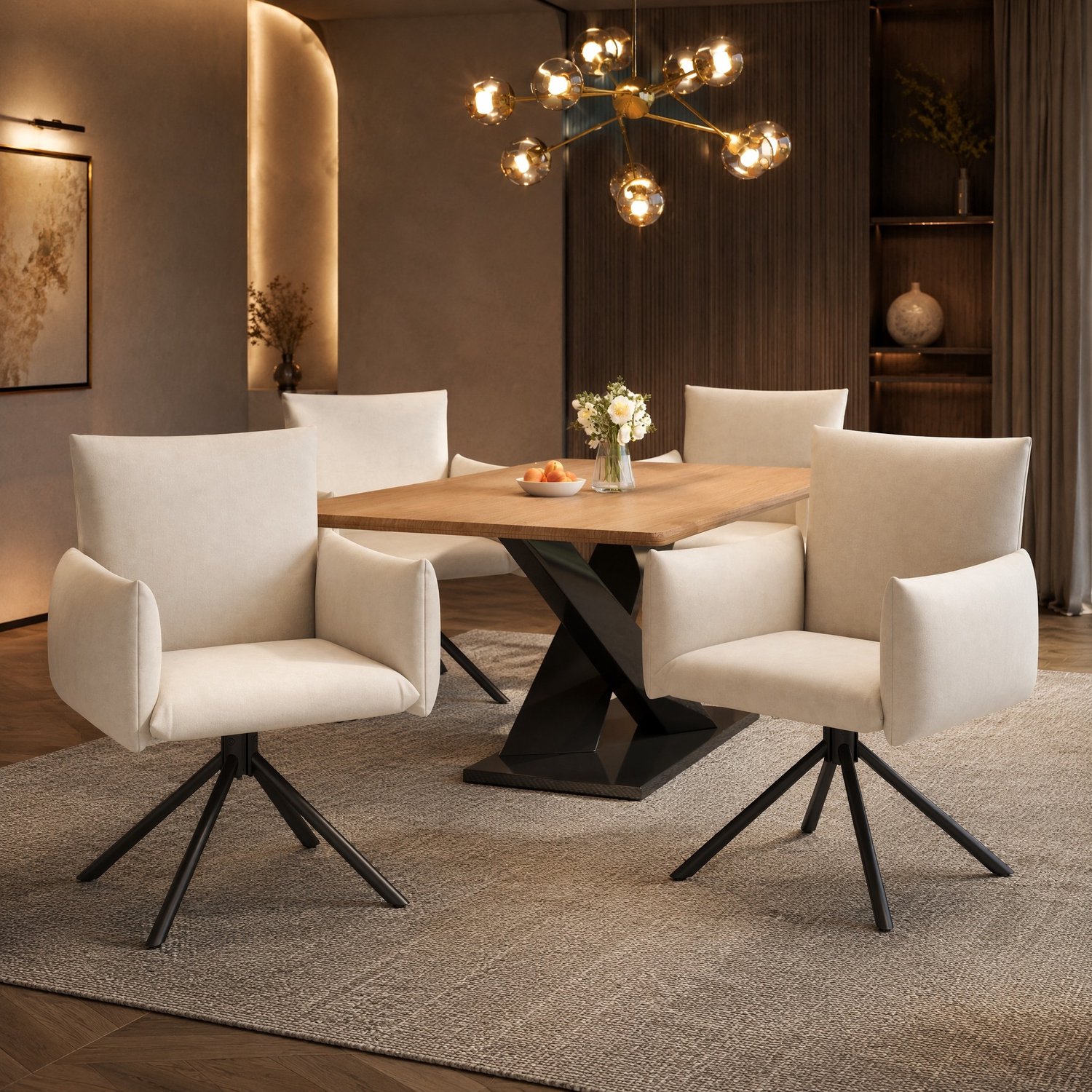 DESMIU Eetkamerstoel - Kuipstoel Set Van 4 - 360 Graden Draaibaar Met Armleuningen - Voor Eetkamer, Woonkamer En Werkkamer - Velvet Beige