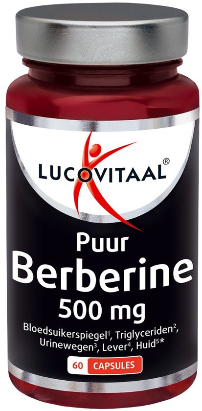 Rode pot met pil, label 'Lucovitaal Puur Berberine 500 mg' en '60 CAPSULES'.