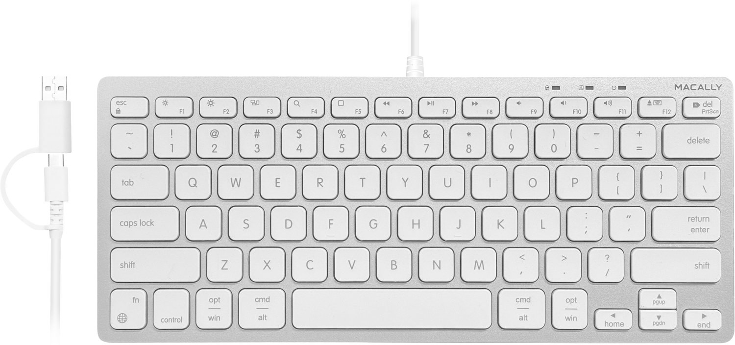 Macally UCASLIMKEYCA Compact bedraad USB-C en USB-A toetsenbord voor Apple Mac en iPad - Witte toetsen - U.S. Engels (QWERTY) layout