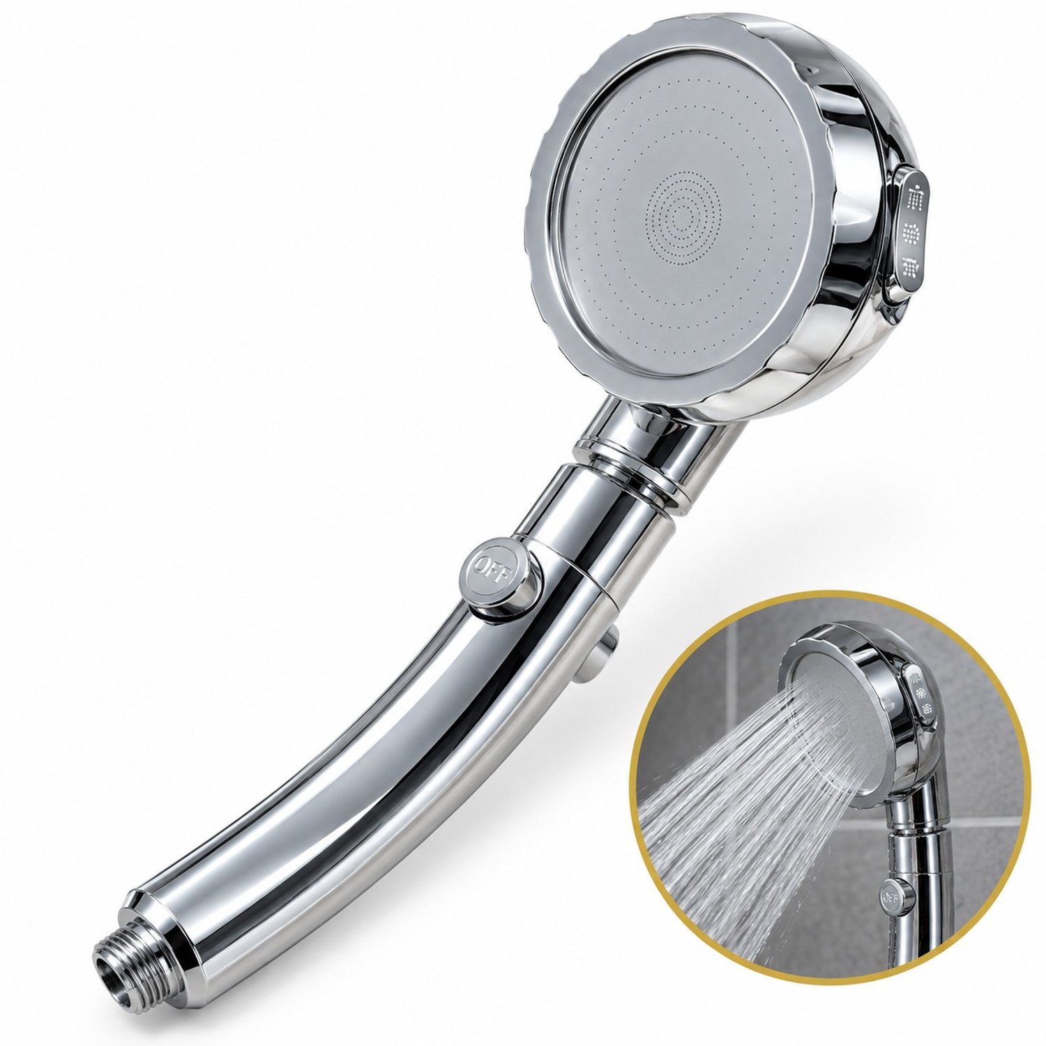 DIVERZA Douchekop – Handdouche 3 Standen met OFF-knop – Chroom Afwerking – 28 cm – Zilver