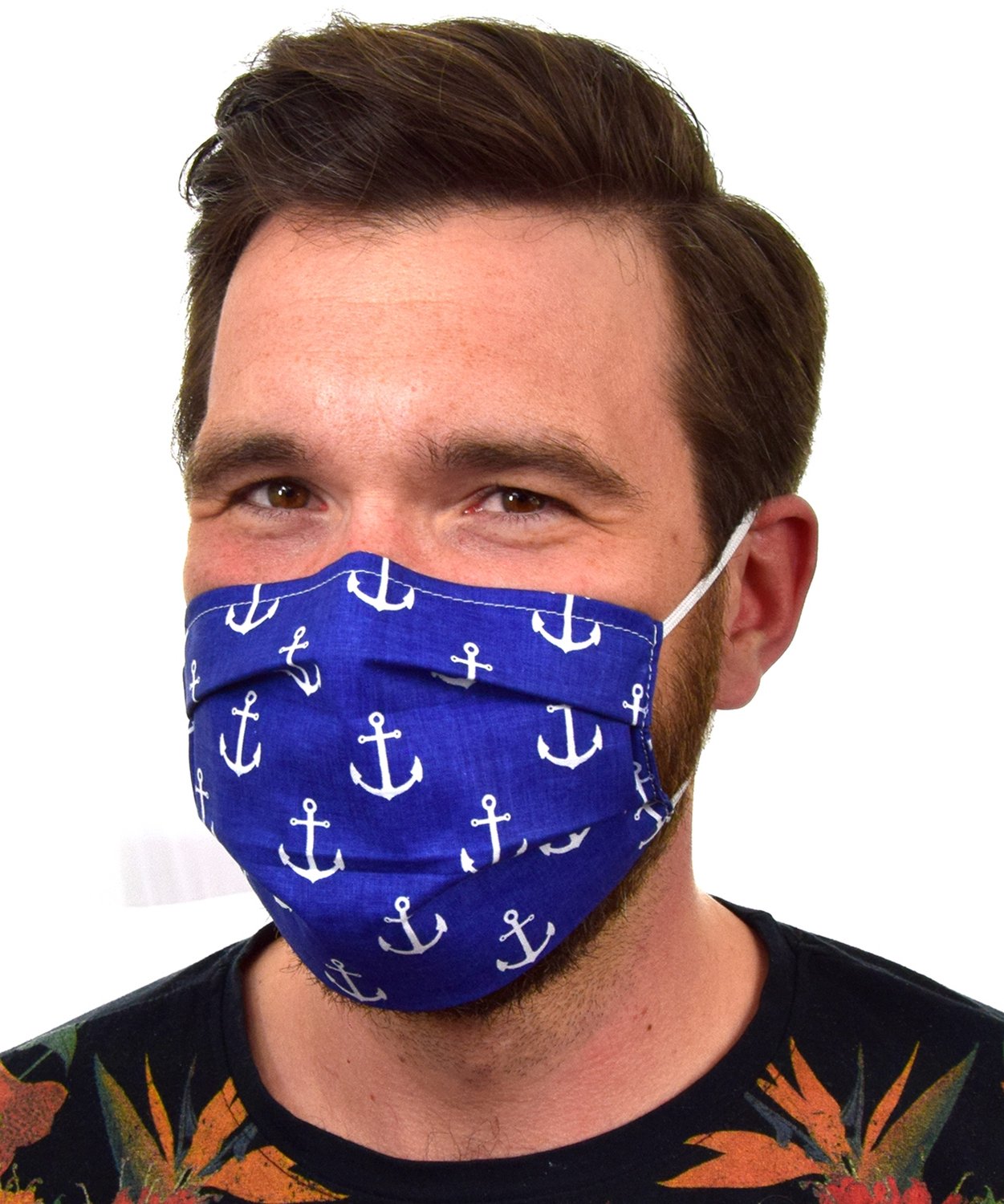 Navy Blauwe Katoenen Mondkapjes met Witte Ankers - Herbruikbaar