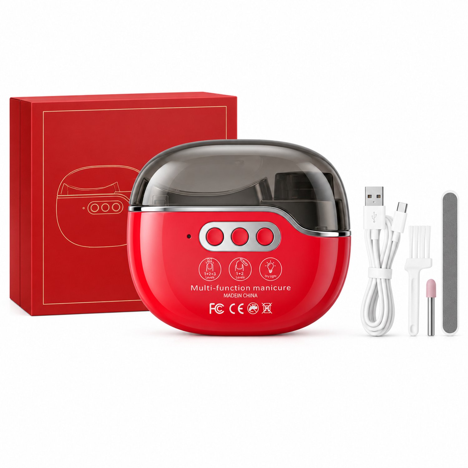 Elektrische nagelknipper - 4-in-1 nagelverzorging - knippen, vijlen en LED-nagellicht - rood in geschenkverpakking