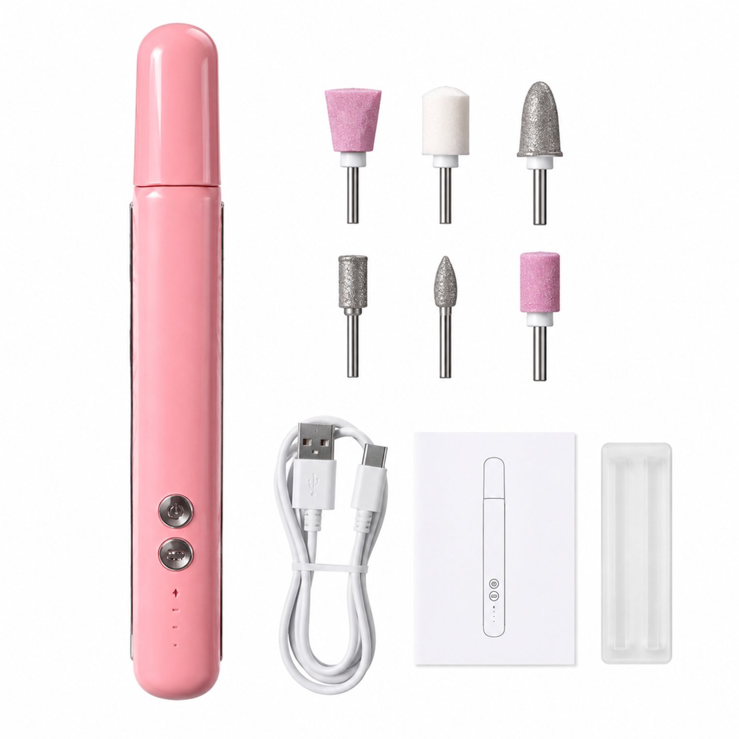 elektrische nageltrimmer - 6 slijpkoppen - USB Type-C opladen - roze manicureset met apparaat en handleiding