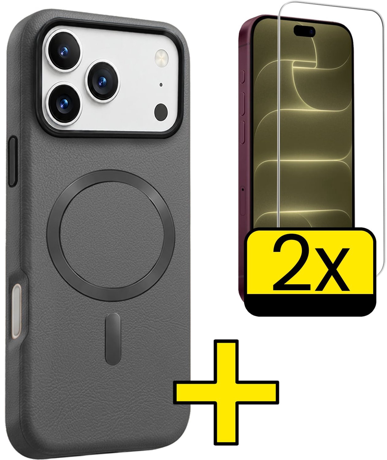 Hoesje - Met 2x Screenprotector - Geschikt voor Apple iPhone 18 Pro Max - Magsafe Compatible - Leer Look - Sterk & Shockproof - Back Cover - Shock Proof Case - Telefoon Hoes - Telefoonhoesjes - Grijs