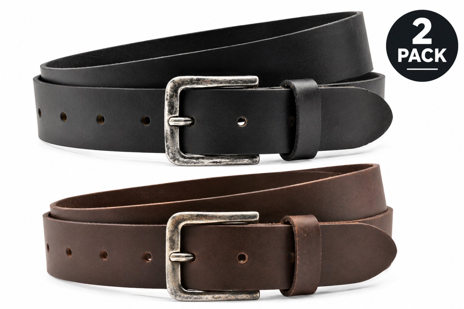 Voordeelset met 2 riemen zwart & Bruin - 2 pack - Jeans riem - Leer - Echt leren riem - Dames/Heren riemen - Casual - Pantalon riem Maat 105 - Totale lengte riem 120 cm