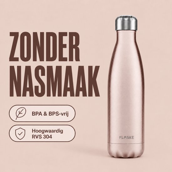Lichtroze FLASKE fles, BPA & BPS-vrij en van hoogwaardig RVS 304. Zonder nasmaak.