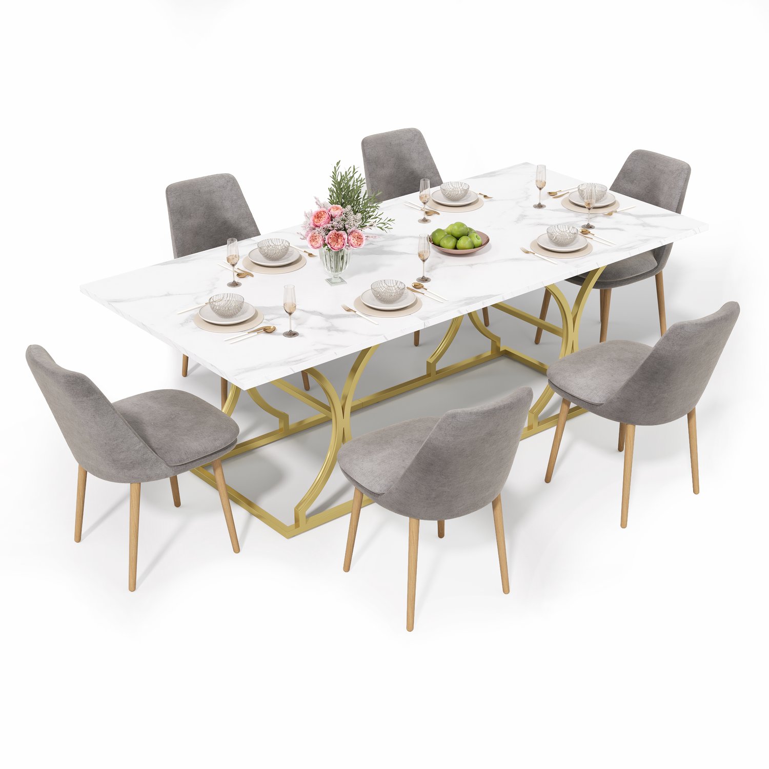 Grote eettafel 200x80 cm - Voor 8 tot 10 personen - Marmerlook tafelblad - Gouden metalen poten - Voor eetkamer en woonkamer - Wit met goudkleurig metaal