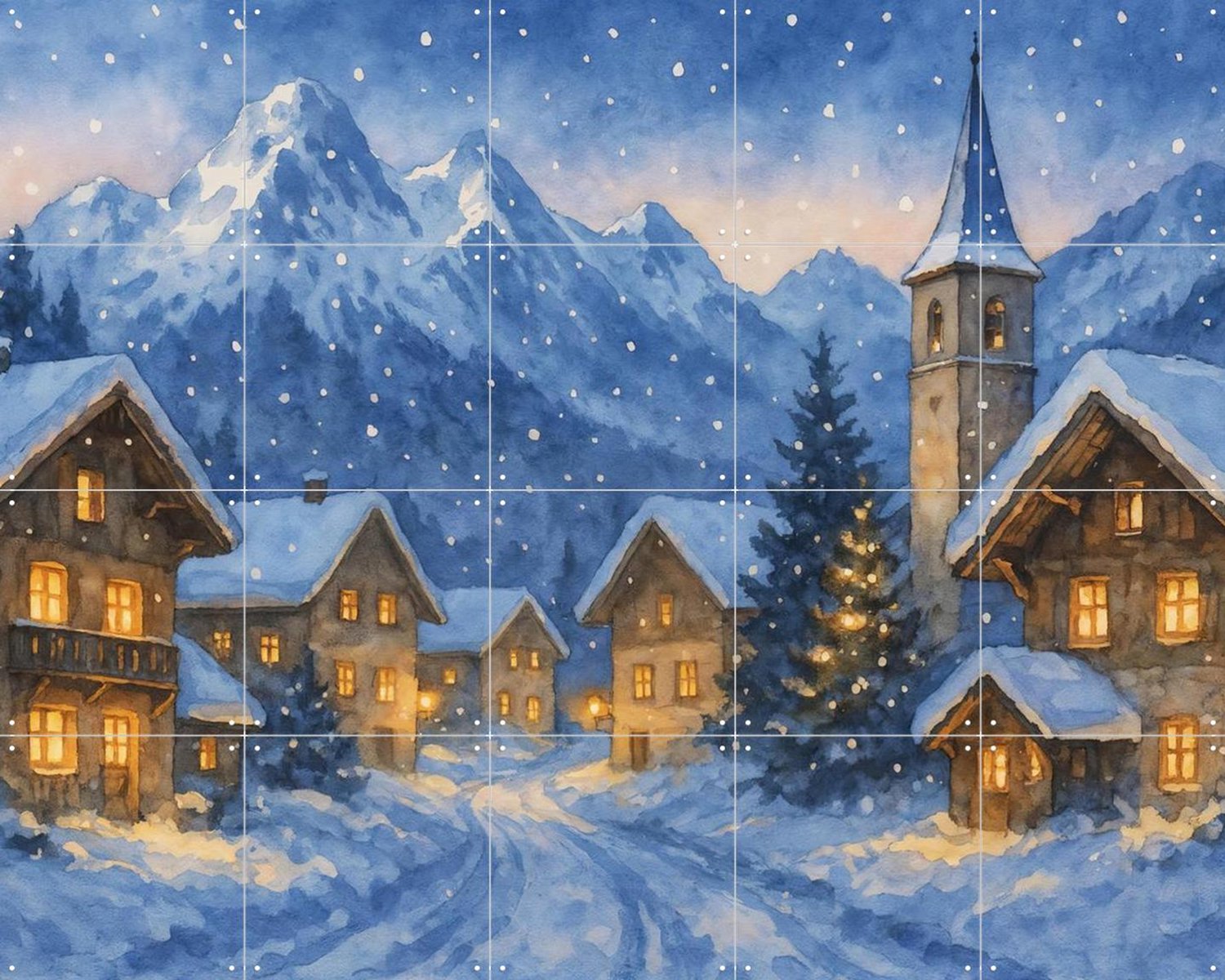 IXXI Winters Dorp In De Alpen, Natalie Bruns - 100 x 80 cm - Grote wanddecoratie en posters - Realisme, Gang, Eetkamer, Trap, Kerst, Winter, Sneeuw Blauw