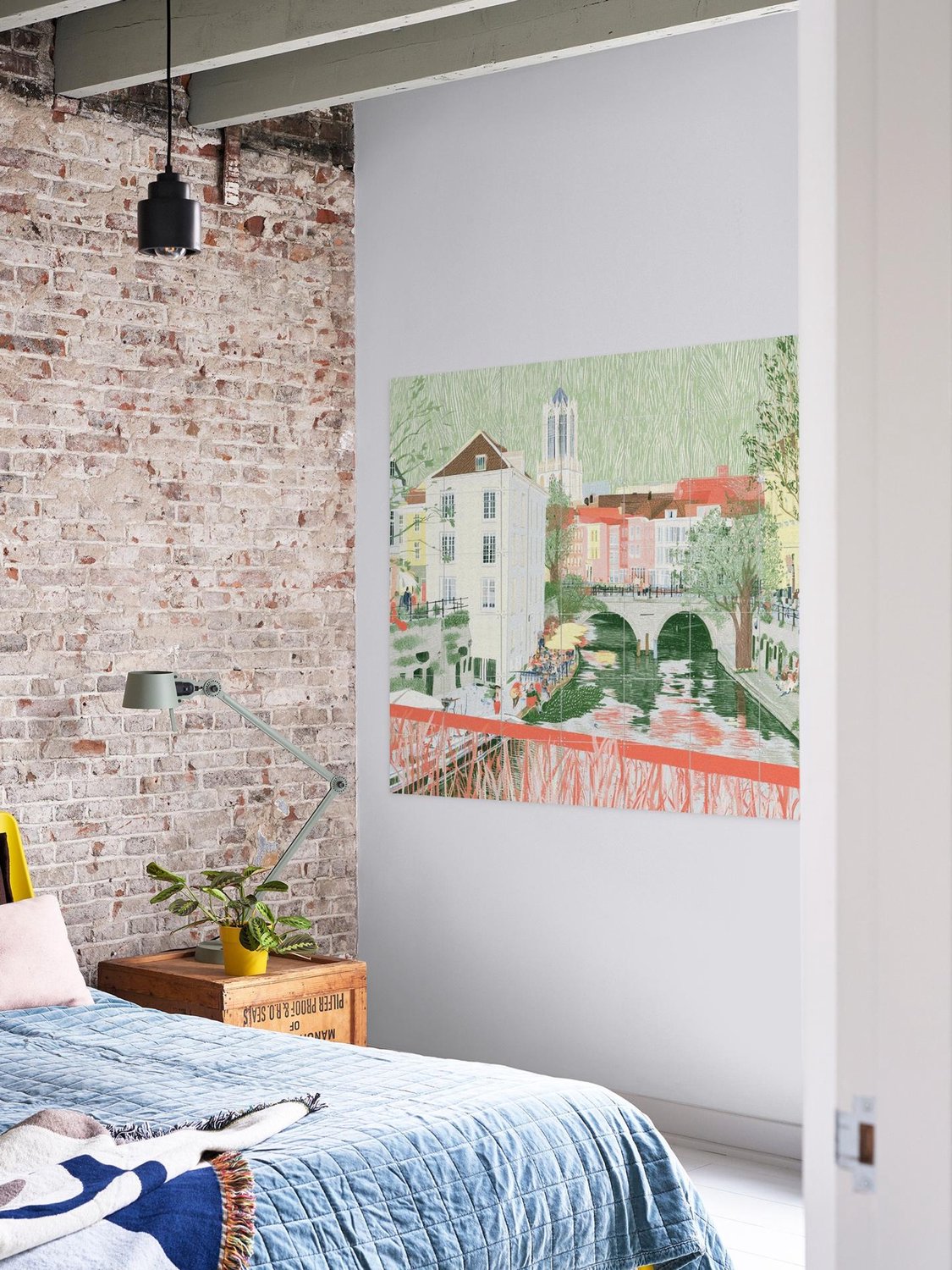 IXXI Landscape Utrecht, Artclaud - 140 x 100 cm - Grote wanddecoratie en posters - Illustraties, Gang, Trap, Woonkamer, Stad, Bruggen, Gebouwen Groen