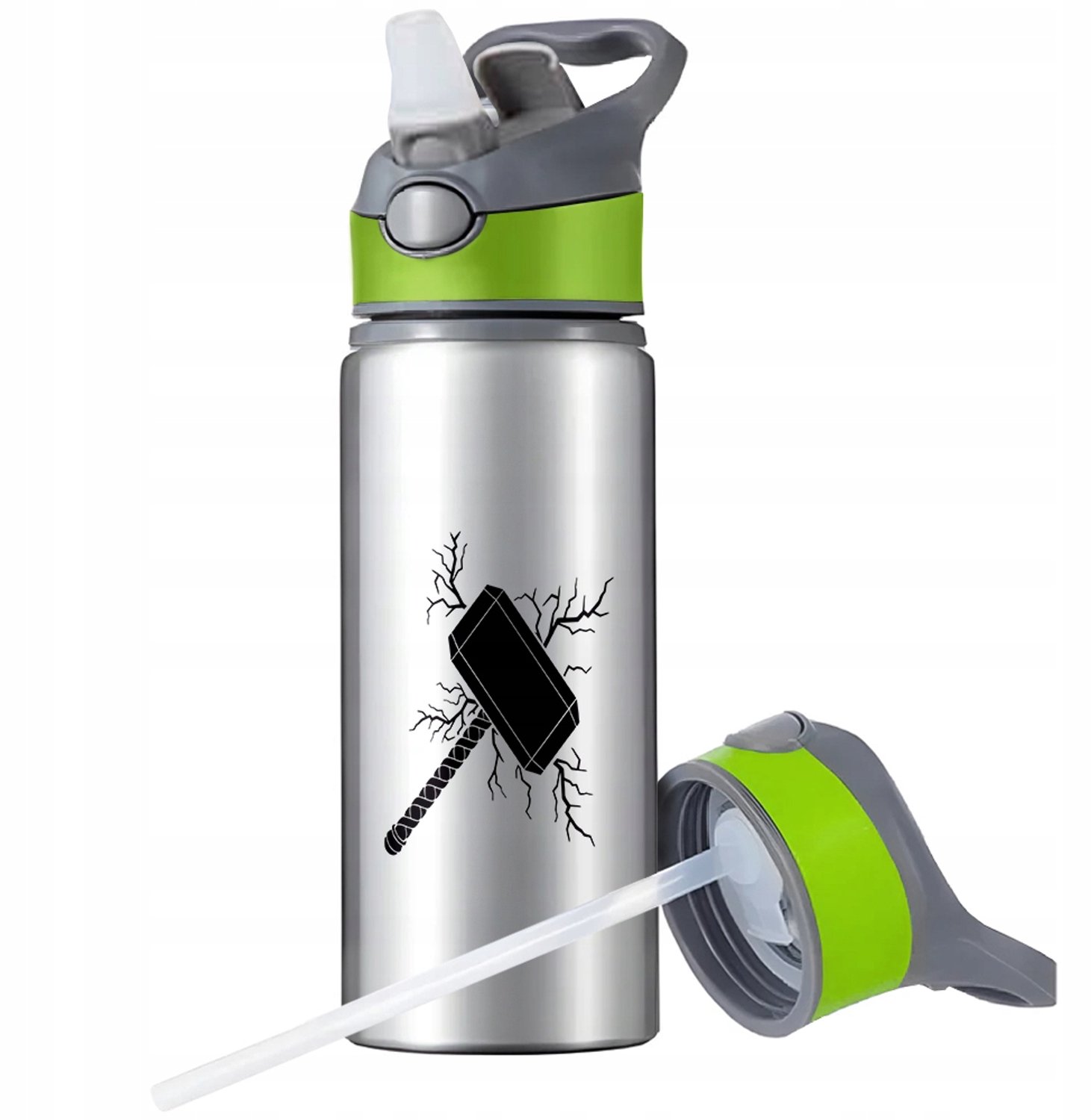 Aluminium Sport Bidon 650ml met Rietje en Handvat - Zilver