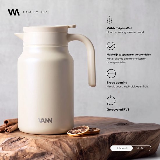 VANN® 3-wandige RVS Thermoskan 1.5L – Isoleerkan – Schenkkan met Drukknop – Voor Koffie, Thee, IJswater & Meer – VANN® Family Jug – Off White — cadeau in Koken & Dineren - foto 2