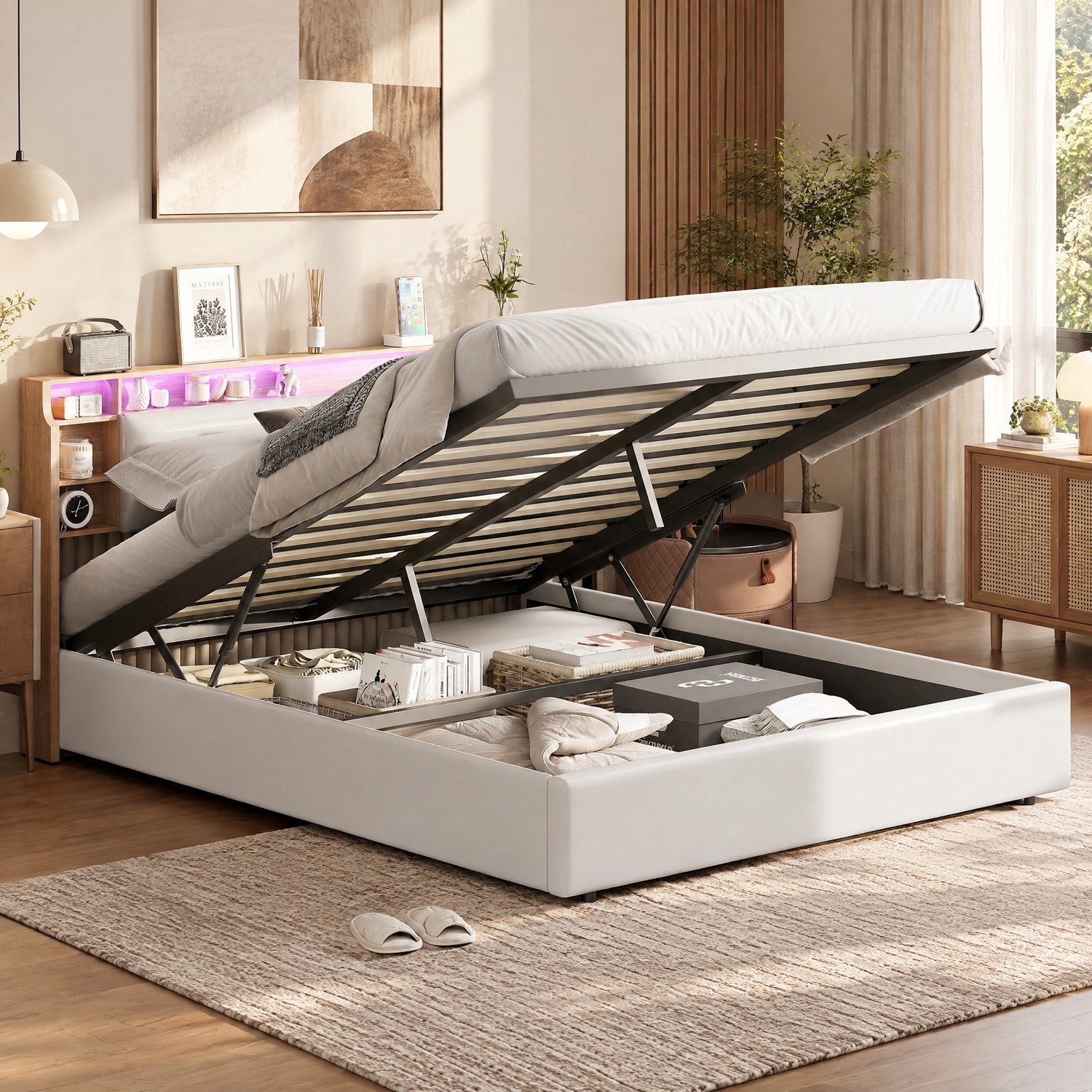 Opbergbed 160x200 cm, Tweepersoonsbed met ledverlichting, bedframe met lattenbodem, bed 160x200 met hoofdbord, PU Wit