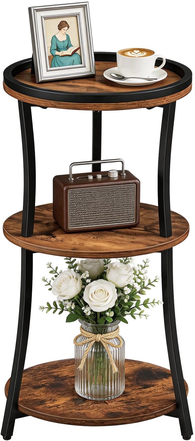 Famanu Ronde Bijzettafel met Opstaande Rand - Ideaal voor kleine ruimtes - Drie lagen - Vintage bruin en zwart wit