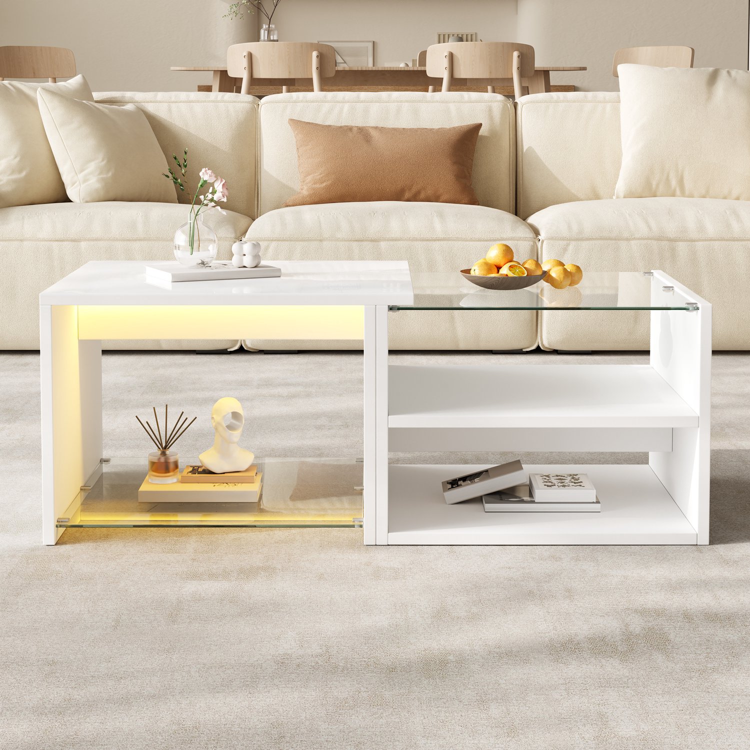 DESMIU Salontafel - Getrapt Ontwerp Met App-Gestuurde Ledverlichting - Voor Woonkamer - Spaanplaat En Glas - 100x50x38 Cm - Wit