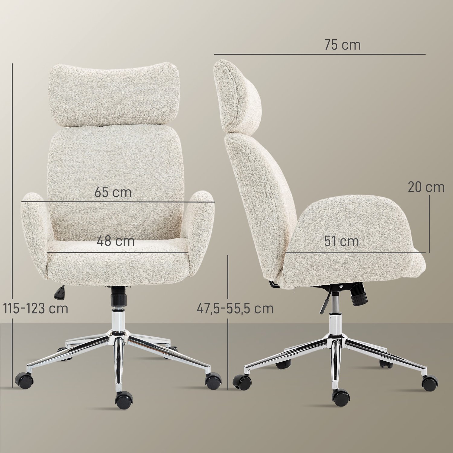 Homona Ergonomische bureaustoel - Met hoofdsteun, kantelfunctie en wielen - In hoogte verstelbaar - 65 x 75 x 115-123 cm - Lichtgrijs