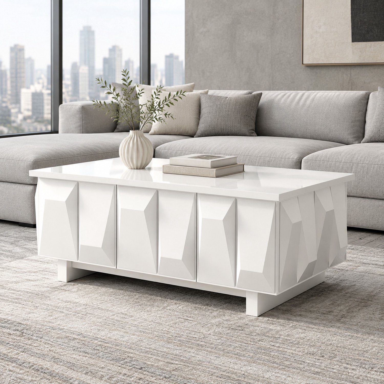 FloraGrace Salontafel - Met Opbergruimte En 3D-Fronten - Voor De Moderne Woonkamer - Spaanplaat - 95x67x39,5 Cm - Wit