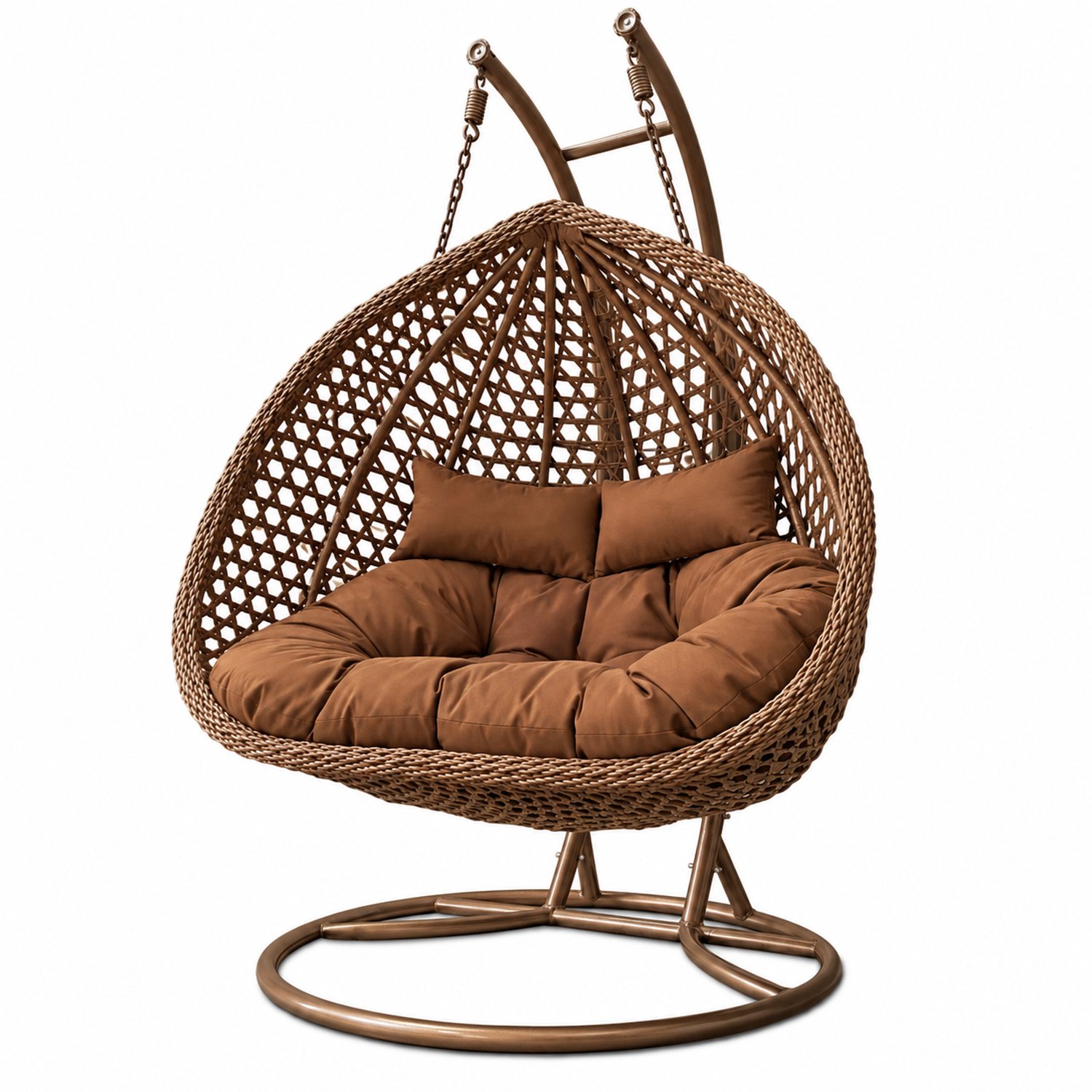 Rijoka Hangstoel Dubbel Eggy Rope Schommelstoel – Bruin Rattan - 2persoons - Bruin kussen - Bruin Frame