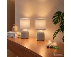 BRILONER Ino - Set van 2 Tafellampen incl. lampen - met stoffen kap & keramiek voet - bedlamp slaapkamer incl. verlichting - h: 28 cm - grijs