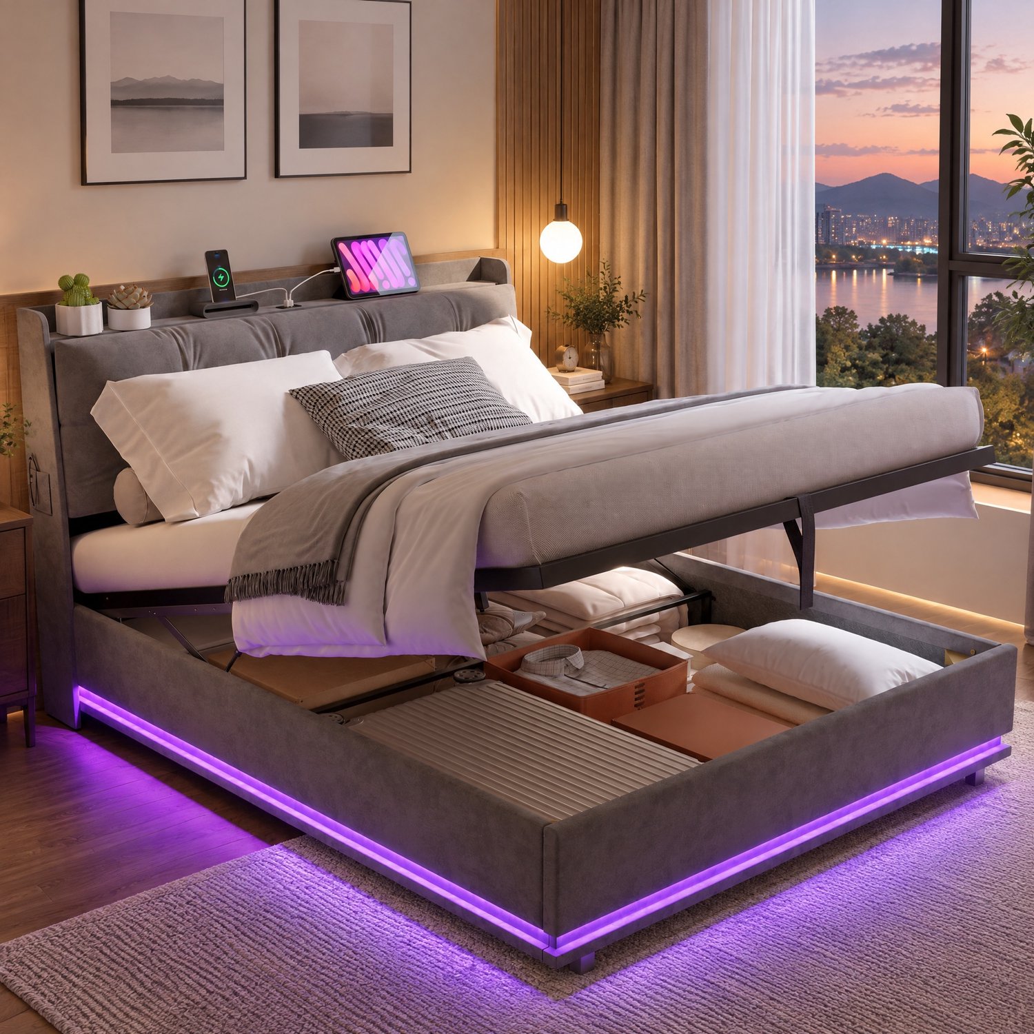 MEXUS Opbergbed 140x200 cm met RGB LED-verlichting, gewatteerd hoofdbord, USB- en Type-C-poorten, lattenbodem met hydraulische opbergruimte, Tweepersoonsbed, bed voor volwassenen en tieners, fluwelen Grijs