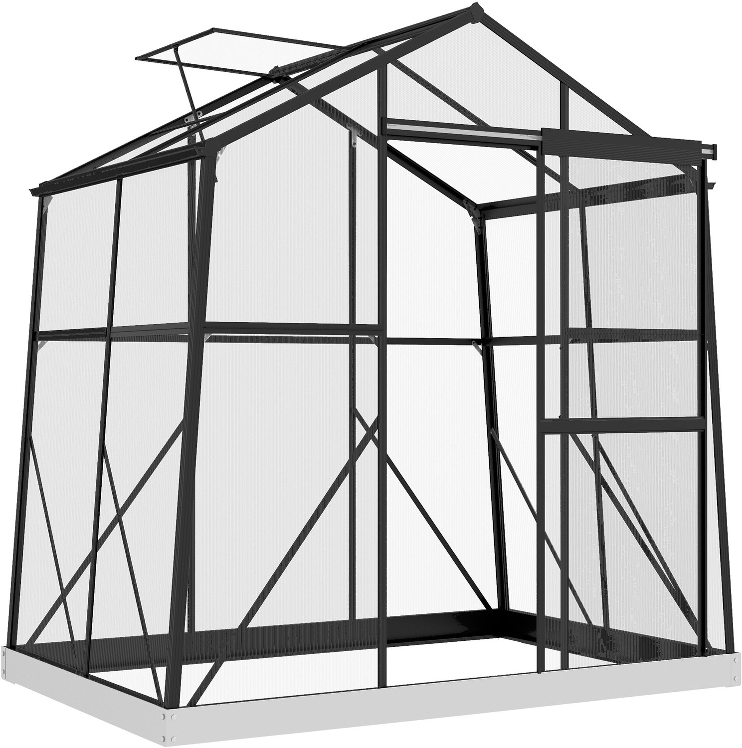 Sunona Tuinkas van polycarbonaat - Met schuifdeur, verstelbaar dakvenster en regengoot - 131 x 192 x 203 cm - Zwart