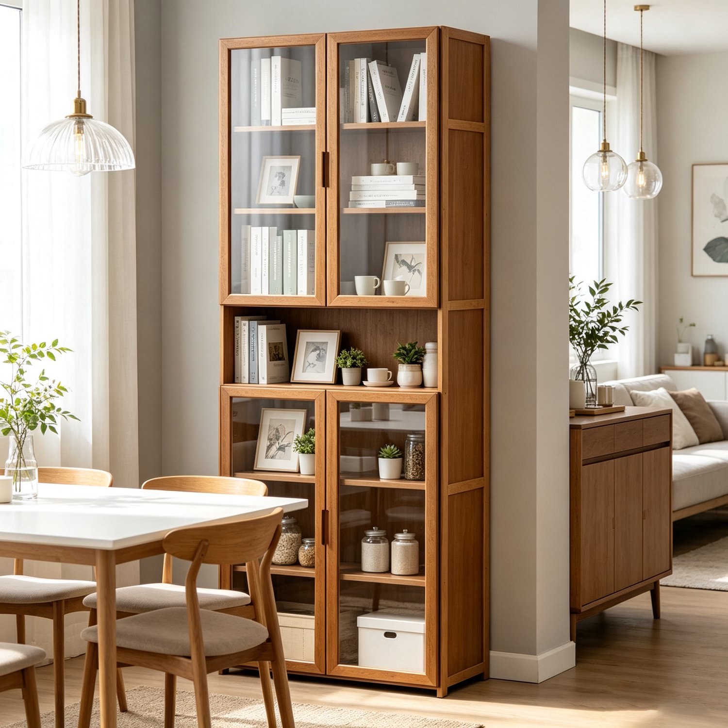Houten vitrinekast 7 lagen 60*30*175 cm met glazen deuren hoge boekenkast en opbergkast