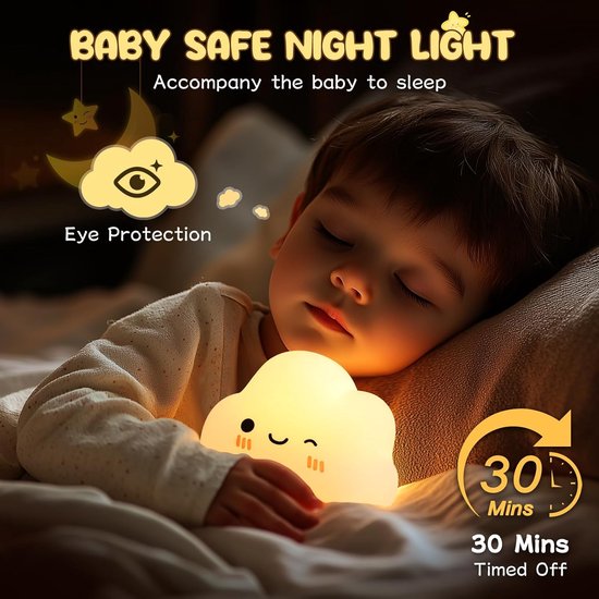 Wolk Nachtlampje voor Kinderen en Baby's, Zacht Siliconen Lampje, Tikbediening, 30 min Timer, Ideaal voor Borstvoeding en Kinderkamer [Energieklasse G] — afbeelding 2