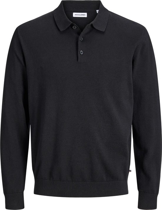 Zwart gebreid Jack & Jones poloshirt met lange mouwen en knoopsluiting.