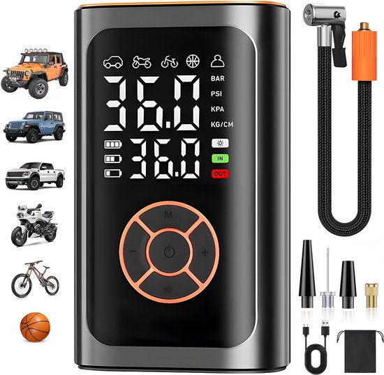 Elektrische Bandenpomp - Draadloze Compressor - Autobanden Pomp - Digitale Luchtpomp met Dubbel LCD Scherm - 2x2000mAh Accu - 4 Drukeenheden - Met Zaklamp en Opbergtas — afbeelding 2