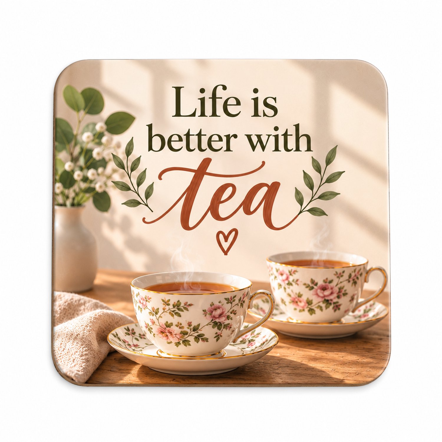 Life Is Better With Tea MDF onderzetter 10x10cm – Thee onderzetter met bloemen – Cadeau voor theeliefhebber