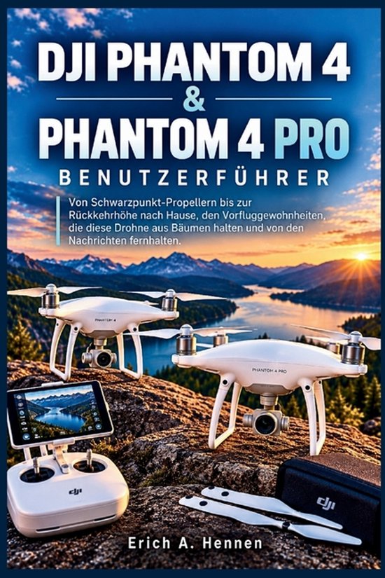 Boekomslag: DJI Phantom 4 en 4 Pro drones op een rots met afstandsbediening en zonsondergang op de achtergrond.