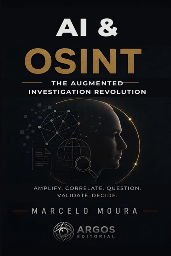 Boekomslag 'AI & OSINT: The Augmented Investigation Revolution' van Marcelo Moura, met profiel van een menselijk hoofd.