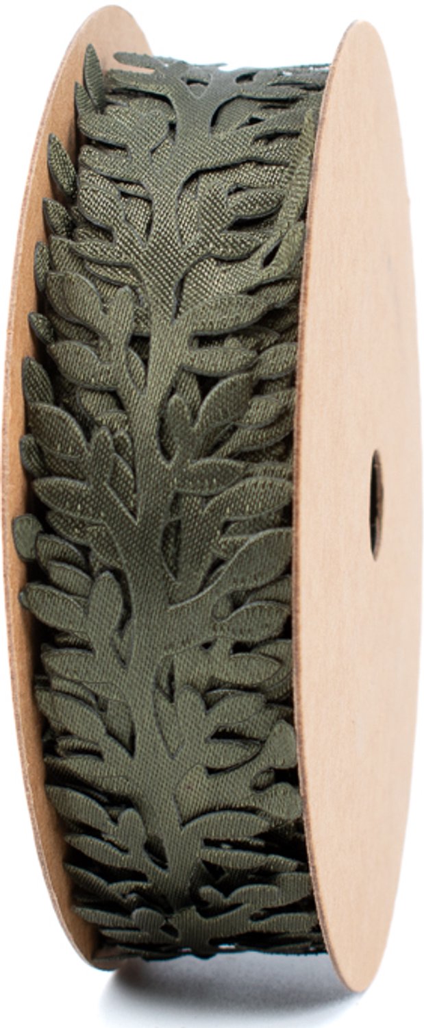 Decoratielint - cadeaulint - donkergroen met blaadjes - 30 mm x 10 meter