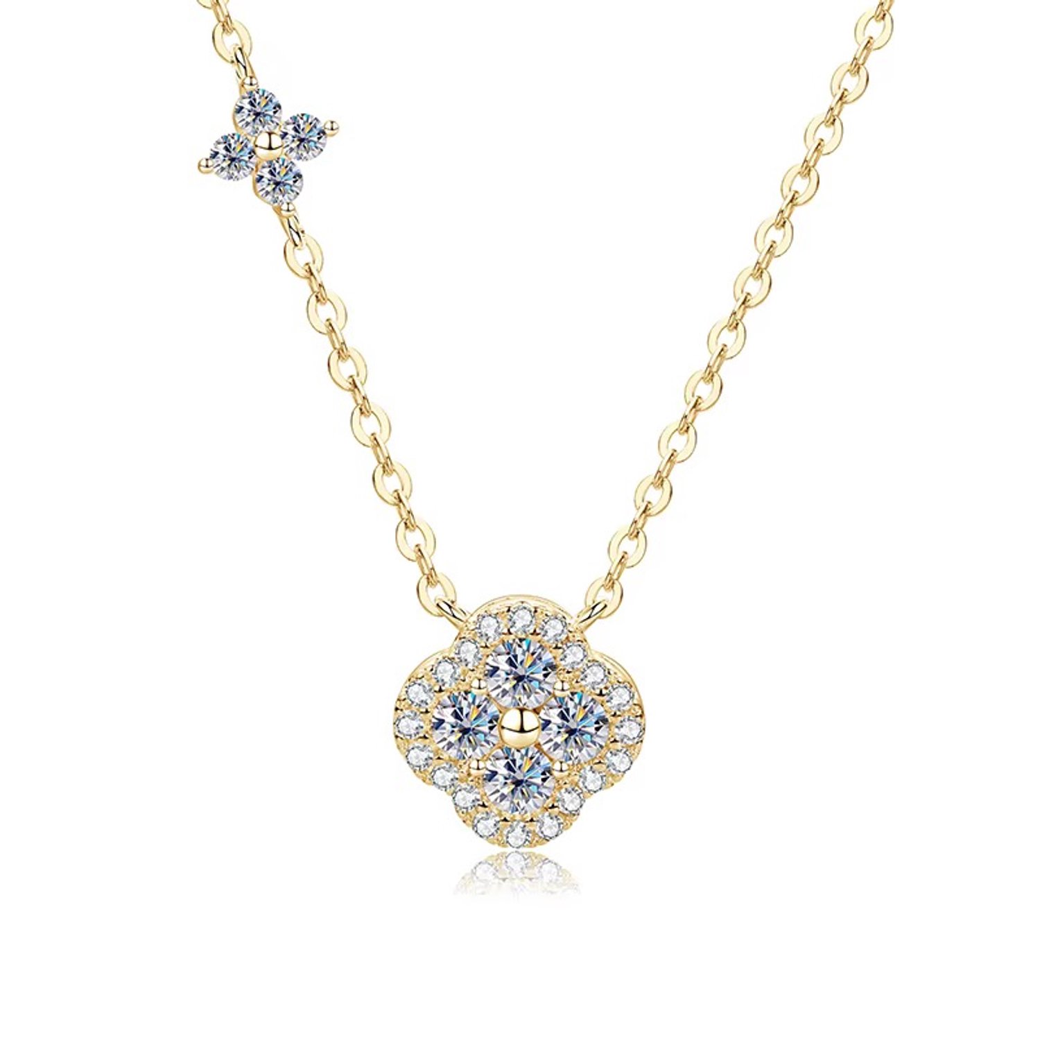 Selevie Ketting Goudkleurig met Klavertje 4 met Moissanite – Luxe Clover Hanger - Four leave clover - Necklace gold