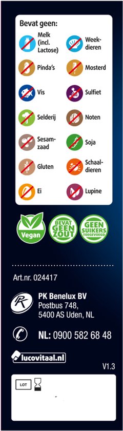 Productinformatie met allergenenoverzicht. Vegan, glutenvrij, suikervrij.