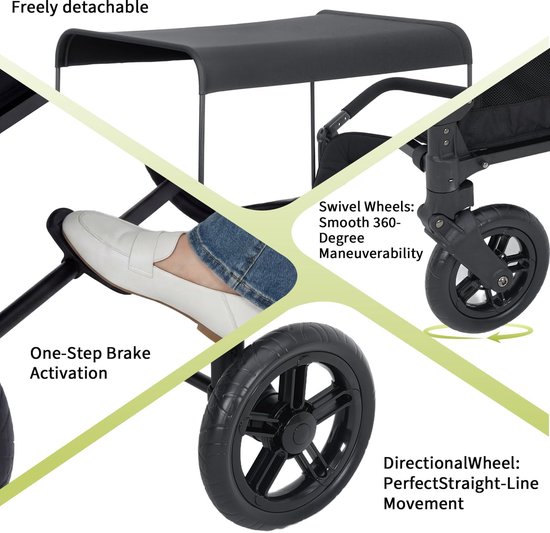 Kinderwagen 4‑zits All‑Terrain - Opvouwbaar - 360° wielen - Vijfpuntsgordel - Verstelbare duw‑ en trekhendel - Verwijderbare kap - Snackblad - XXL opbergruimte — afbeelding 3