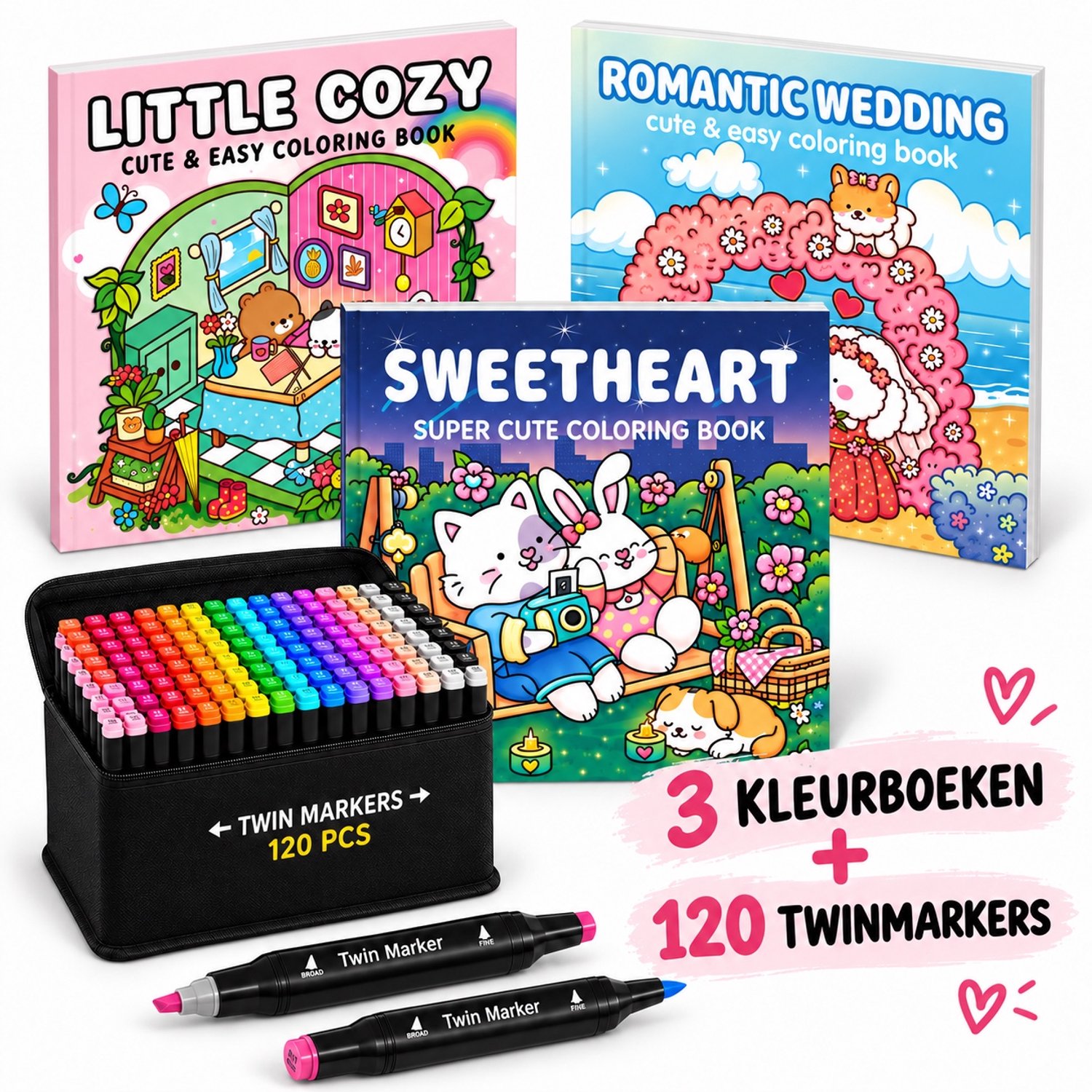 Twinmarkers - 120 STUKS - Alcohol markers - Dubbelzijdige Stiften - Markeerstiften - INC KLEURBOEKJES - Combi deal - Cozy Coloring Book - Fuzzy Hygge - alcoholstiften - Kleuren voor kinderen en volwassenen - Hobby & Professionele Set